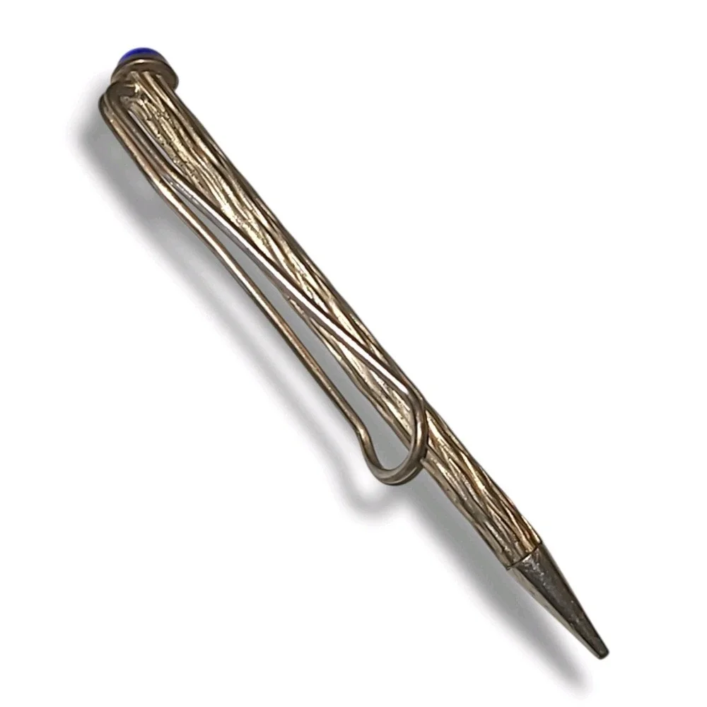 Vintage Gold Tone Mechanical Pencil Blue Cabochon Textured Pocket Clip 3.5